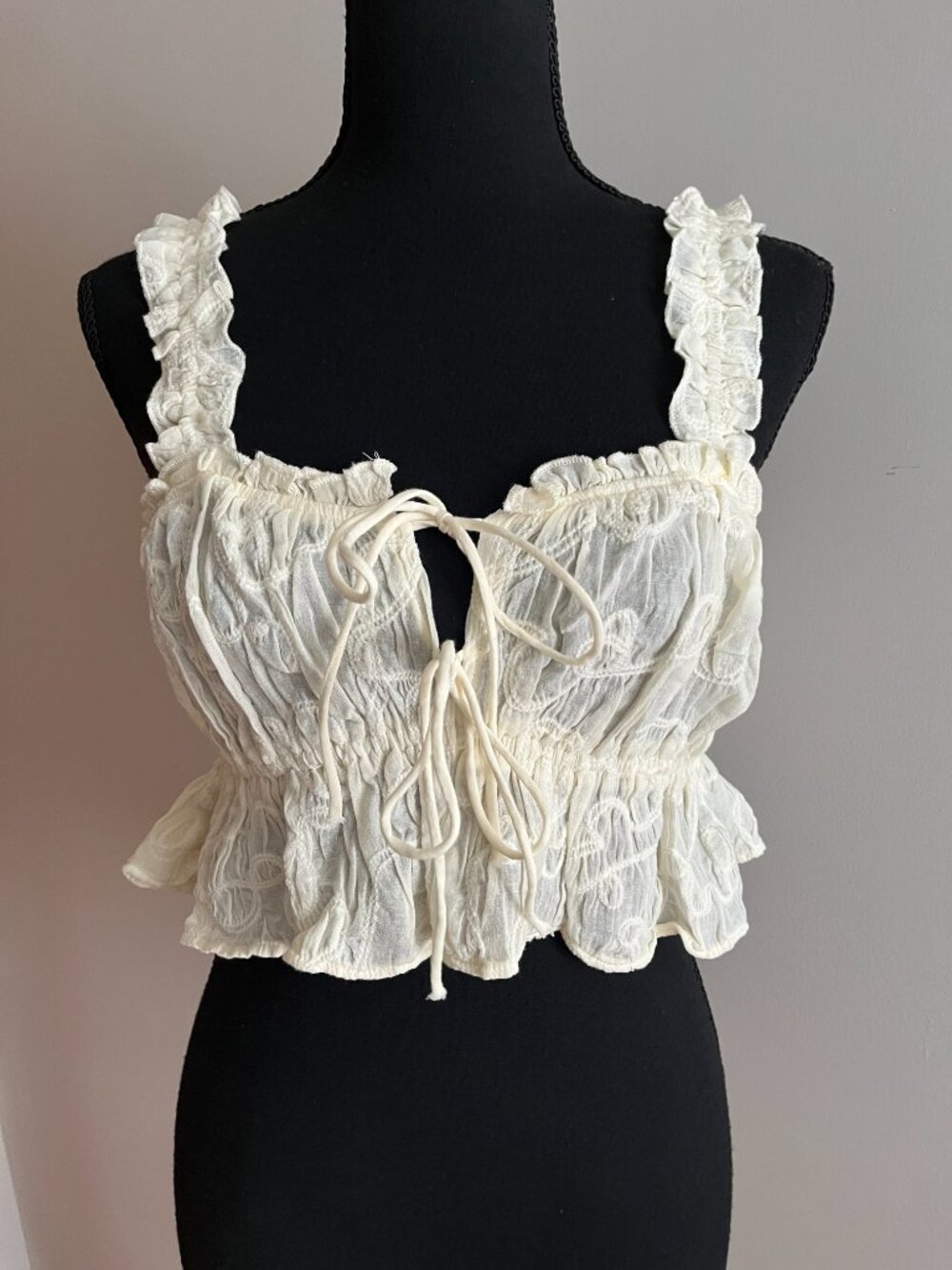 Zara Textured Ruffle Embroidered Crop Top Size Medium NWT